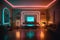 Synthwave style neon room. Retro interior in 80s style with neon lights.