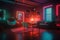 Synthwave style neon room. Retro interior in 80s style with neon lights. Generated AI.