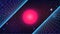 Synthwave Sun background. 80s Retro Future pink star with blue inclined perspective grids. Sci-fi virtual 3d scene on dark starry