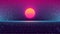 Synthwave Sunset Background. 80s Sun Backdrop. Blue perspective grid with retro Sun on dark starry sky. Retro Futuristic pink