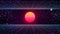 Synthwave Sunset Background. 80s Sun Backdrop. Blue perspective grids with retro Sun on dark starry sky. Retro Futuristic party
