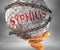 Syphilis and hardship in life - pictured by word Syphilis as a heavy weight on shoulders to symbolize Syphilis as a burden, 3d