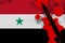 Syria flag and black tactical knife in red blood. Concept for terror attack or military operations with lethal outcome