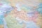 Syria, Iraq, Iran and Afganistan on a Blurry and Colorful Middle East Map