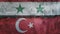 Syria and Turkey flag on cracked wall background. Economics, politics conflicts, war concept texture background