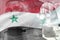 Syrian Arab Republic science development conceptual background - microscope on flag. Research in microbiology or pharmacy, 3D