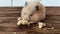 Syrian hamster eats peanuts on the wooden background, close-up 4K video