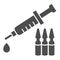 Syringe and ampoules solid icon. Covid-19 vaccine glyph style pictogram on white background. Antivirus injection for