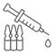 Syringe and ampoules thin line icon. Covid-19 vaccine outline style pictogram on white background. Antivirus injection
