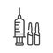 Syringe and ampoules with vaccine for injection black line icon. Vaccination concept. Course of treatment. Pictogram for