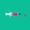 Syringe with blood or vaccine drop vector illustration, flat cartoon medical vaccine needle icon with full of vaccine