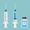 Syringe with blue vaccine, vial of medicine. Vector illustration