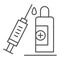 Syringe and bottle vaccine thin line icon, covid-19 vaccination concept, Medical injection sign on white background