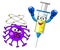 Syringe cartoon characters or mascots combating or fighting boxers beating virus cell with gloves isolated vector illustration.
