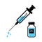 Syringe for injection with blue vaccine, vial of medicine. Vector