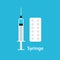 Syringe for injection and syringe with blue vaccine. Vector illustration