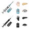 Syringe with insulin, pancreas, glucometer, hand diabetic. Diabet set collection icons in cartoon,black style vector