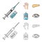 Syringe with insulin, pancreas, glucometer, hand diabetic. Diabet set collection icons in cartoon,outline style vector