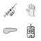 Syringe with insulin, pancreas, glucometer, hand diabetic. Diabet set collection icons in monochrome style vector symbol