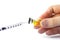 Syringe, medical injection in hand. Medicine vaccination equipment with needle. Nurse or doctor. Liquid drug or narcotic. Health