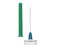 Syringe needle with blue base and green needle cap - closeup shot