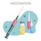 Syringe with needle and vaccine, vials, medicine, injection concept, vector illustration.