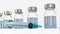 Syringe and row of vials with vaccine 3D render