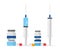 Syringe with vial for injection. Needle of syringe for shot hypodermic. Icon of vaccine, pills and antibiotic. Medical bottle with