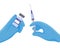 A syringe and a vial of medicine. Physician`s hands in blue protective medical gloves. Flu vaccination, anesthesia, cosmetic