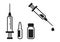 Syringe, vial, vaccine. Medical bottle and ampoule. Injector with drop liquid. Vector