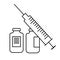 Syringe and vials icon illustration. Flu shot. Vaccination. Virus, infection prevention. Vaccine. Medications,  drugs. Contour sym