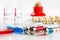 Syringes with medication, ampoules and vials, blister packs on white background