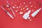 syringes, pills and nasal sprays on a bright red background. The concept of treatment of influenza, virus, colds.