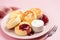 Syrniki, cottage cheese fritters with raspberry jam and sour cream