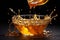 Syrup, honey, oil or caramel drizzles into the bowl, creating a lively splash against a dark background. For