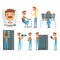 Sysadmin, network engineer characters, set of network diagnostics, users support and server maintenance cartoon vector