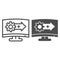 System upgrade line and solid icon. Software update, gear with arrow on monitor symbol, outline style pictogram on white