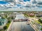 Szczecin aerial view. Odra river and Long bridge linking the Wieleckie embankment with Customs. City landscape.
