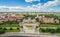 Szczecin from the bird& x27;s eye view - Boulevard and Chrobry& x27;s Shaft. Landscape bristle with horizon and blue sky.