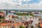 Szczecin from a bird`s eye view. Landscape of the old town with the Pomeranian Dukes` Castle, the Odra River and the port in the d