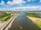 Szczecin - a city landscape with the Oder river. Bulbul Chrobrego and Puck Island from the bird`s eye view.