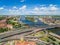 Szczecin old city seen from the bird`s eye view. Landscape of Szczecin with cathedral and Oder river.