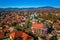 Szentendre, Hungary - Aerial view of the city of Szentendre on a bright sunny day with Belgrade Serbian Orthodox Cathedral