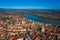 Szentendre, Hungary - Aerial view of the city of Szentendre on a sunny day with Belgrade Serbian Orthodox Cathedral