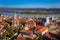 Szentendre, Hungary - Aerial view of the city of Szentendre on a sunny day with Belgrade Serbian Orthodox Cathedral