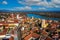 Szentendre, Hungary - Aerial view of the city of Szentendre on a sunny day with Belgrade Serbian Orthodox Cathedral