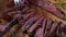 T- bone steak grill cut into pieces with knife on cutting board. Close up