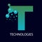 T letter technology logo with molecule