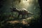 T-Rex dinosaur in the jungle, with its mouth open in a menacing growl, surrounded by lush vegetation and towering trees. The