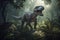 T-Rex dinosaur in the jungle, with its mouth open in a menacing growl, surrounded by lush vegetation and towering trees. The